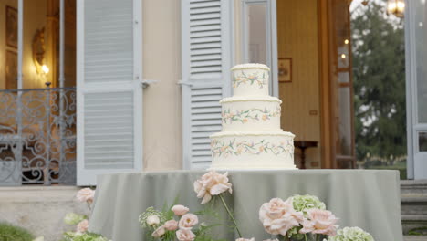 elegant tiered wedding cake at an outdoor reception