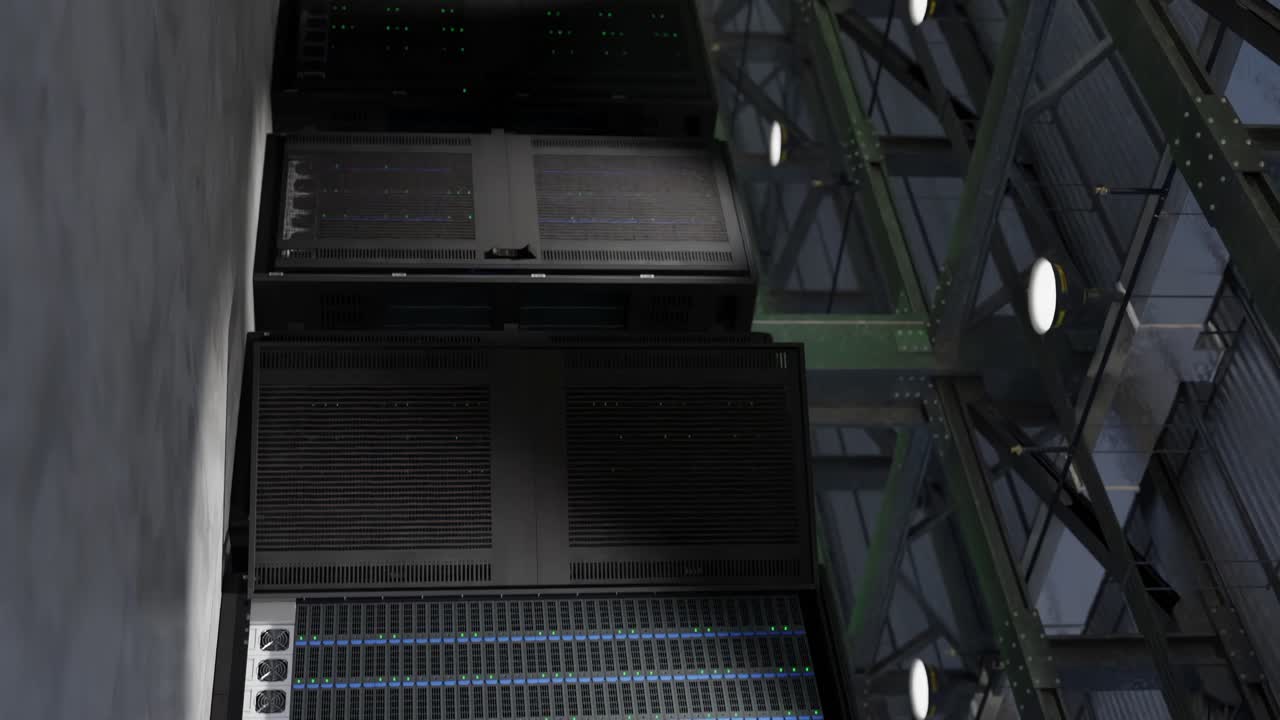 acceso al centro de datos concedido, luz verde parpadeante en la sala de servidores con bastidores de equipos