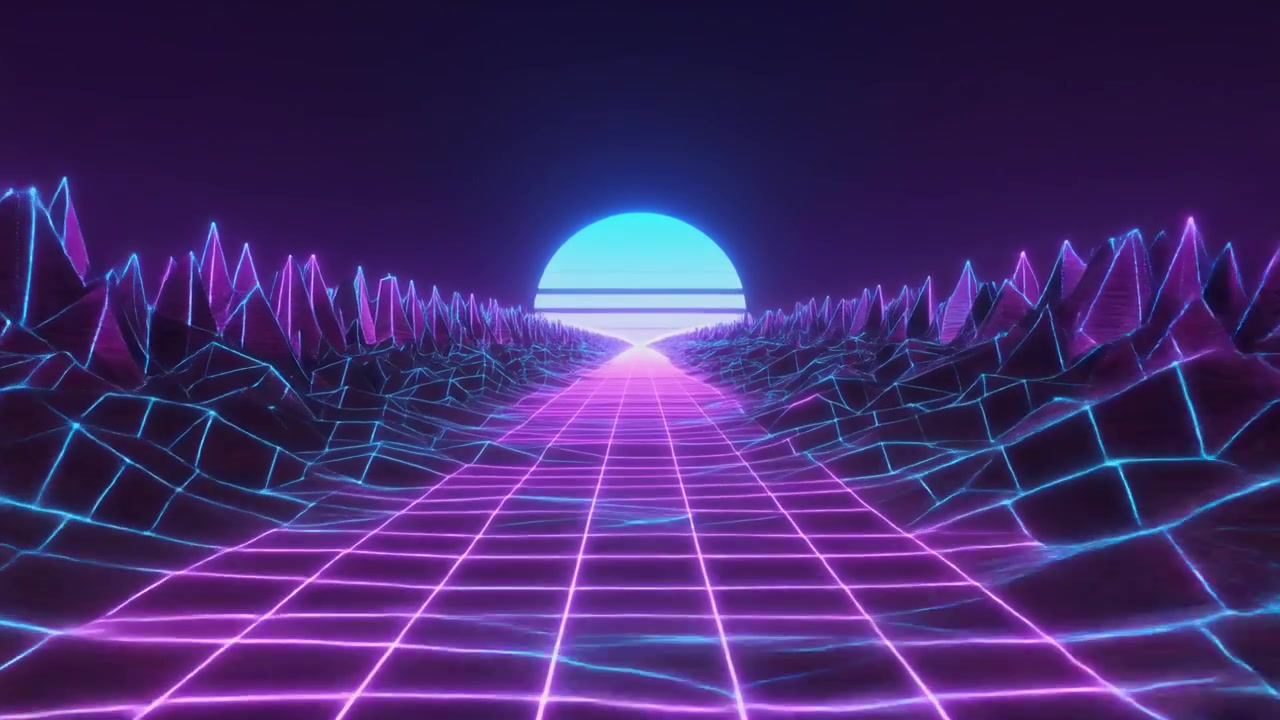 Lanskap Synthwave Retro dengan Kisi dan Matahari Bercahaya