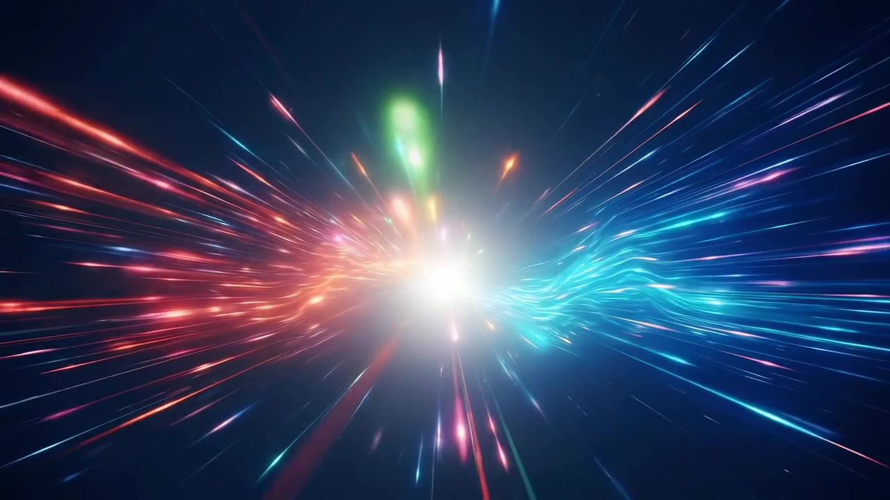 Strisce di luce colorate astratte che si espandono da un centro luminoso