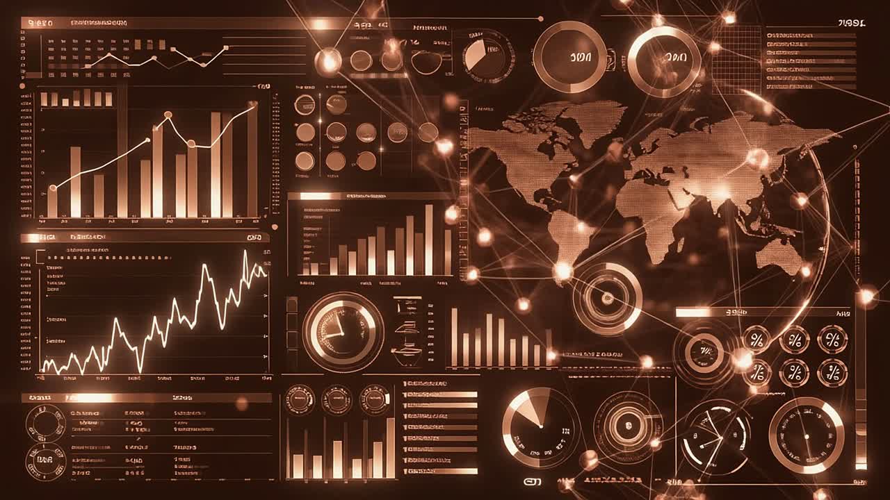 Futuristic Digital Interface Displaying Global Business Data and Analytics