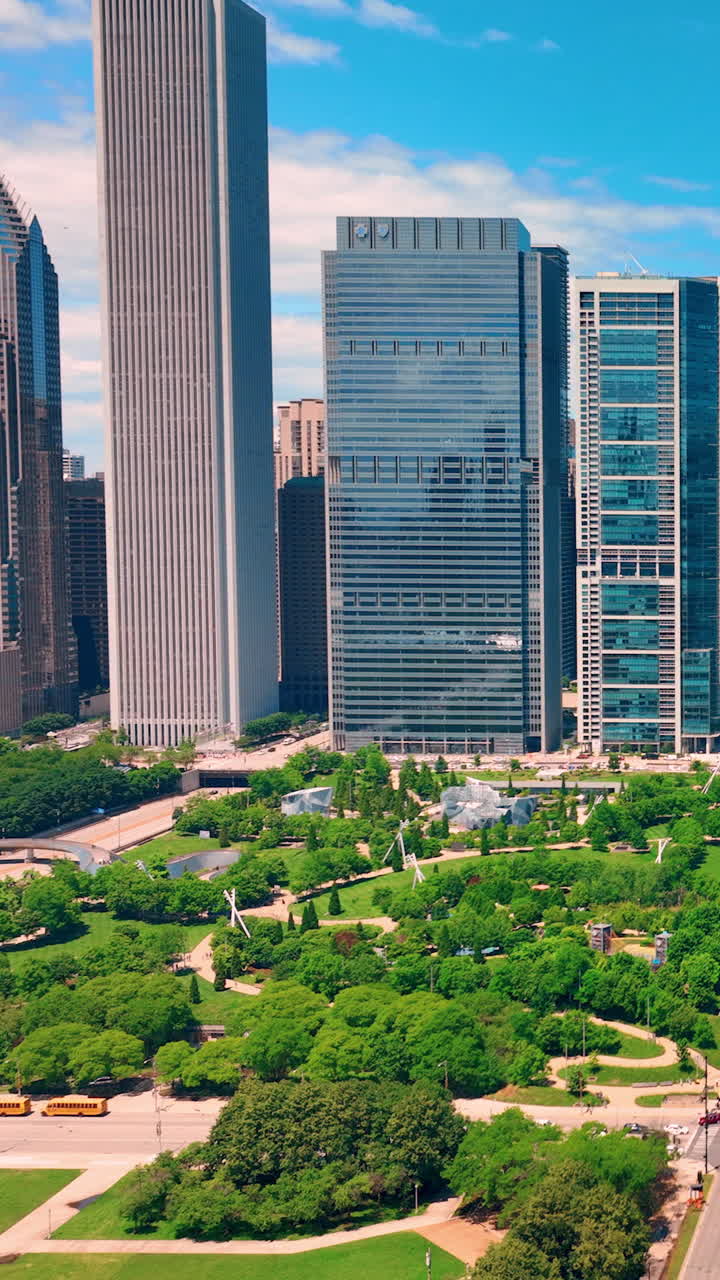 Chicago, Illinois, EUA - 01 de junho de 2024: Maggie Daley Park verde em Chicago, com caminhos para pedestres e arranha-céus ao fundo em um dia ensolarado de verão. Vídeo vertical
