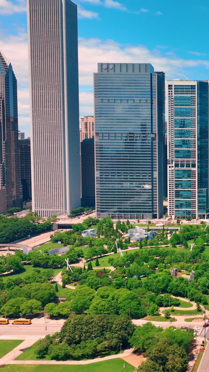 Chicago, Illinois, EE. UU. - 01 de junio de 2024: El parque Maggie Daley de Chicago, con sus senderos y rascacielos al fondo, en un día soleado de verano. Vídeo vertical