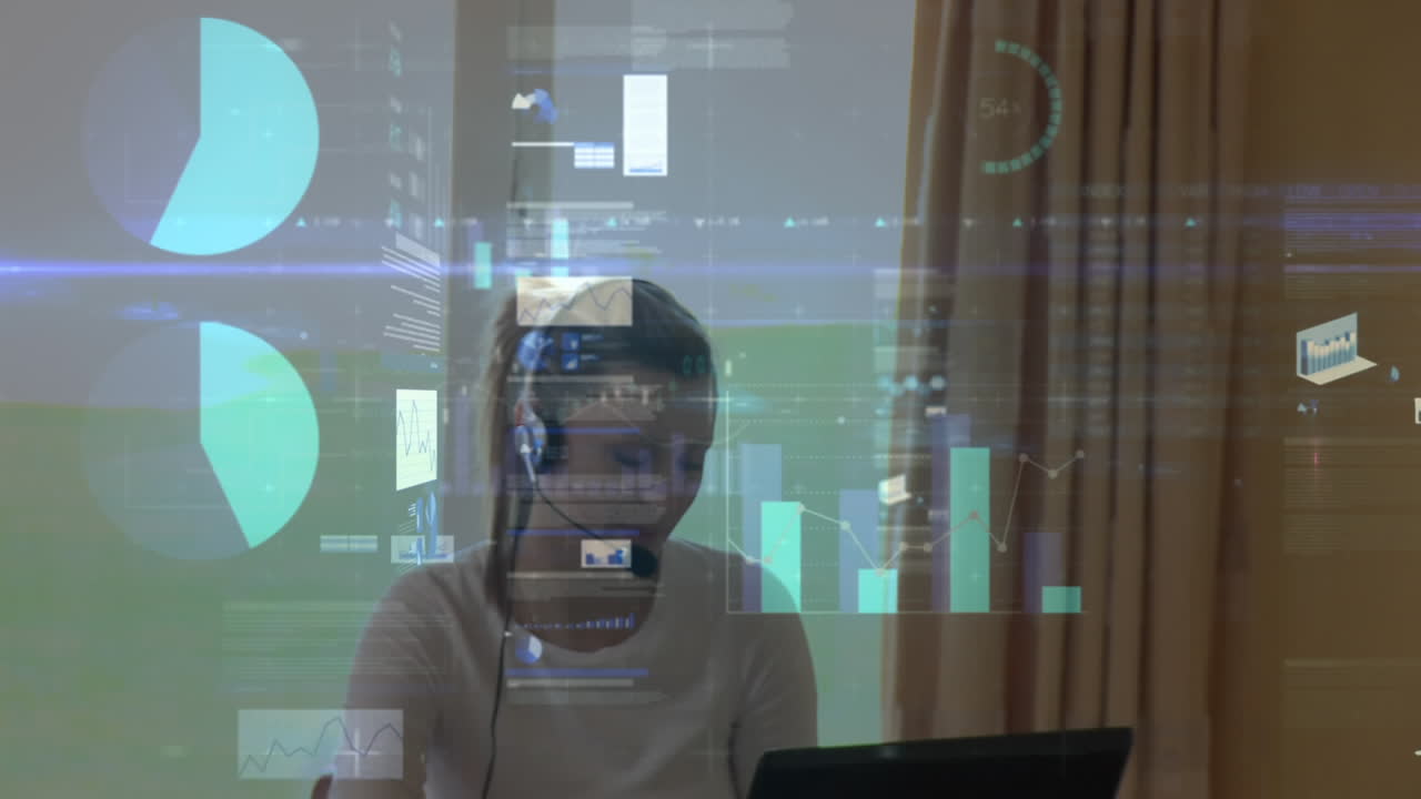 Animation female teacher using phone headset and laptop computer teaching from home