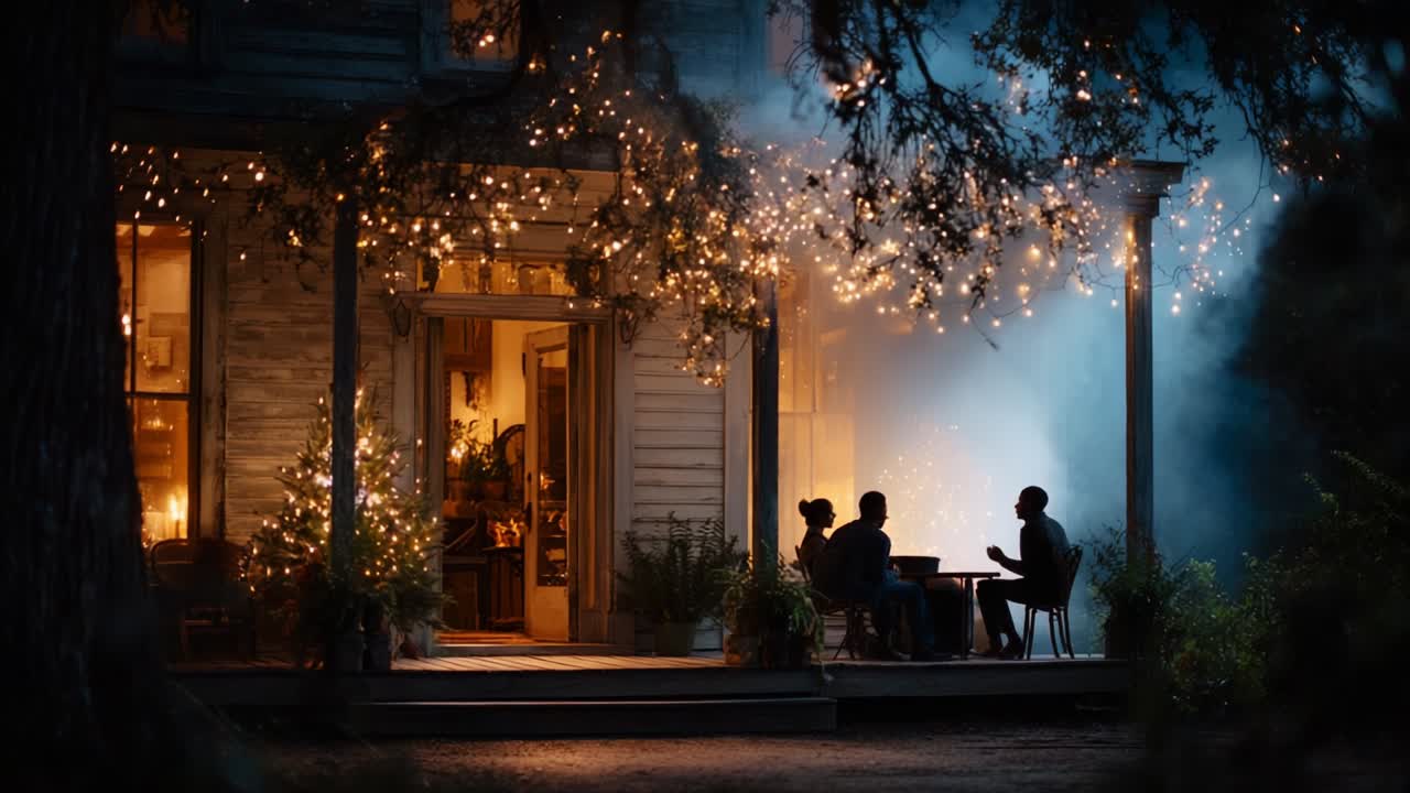 An Enchanting Evening Gathering on a Cozy Porch Surrounded by Twinkling Lights and a Mysterious Atmosphere, Highlighting the Warmth of Friendship and Connection Amidst the Soft Glow of Night