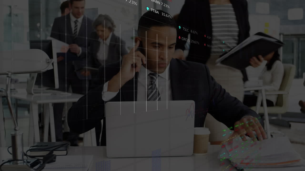 Animation of financial data processing over african american businessman using laptop