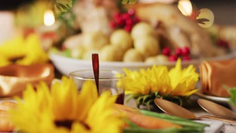 video of tray with roasted turkey and diverse dishes on wooden surface