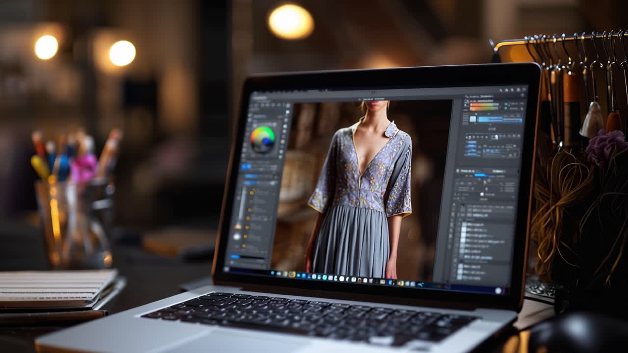 Designer redigerer modevideo på bærbar computer ved et hyggeligt skrivebord. Varme lys skinner blødt bag arbejdsområdet. En kop kaffe står ved siden af en åben notesbog. Blød fokus tilføjer en rolig, koncentreret atmosfære