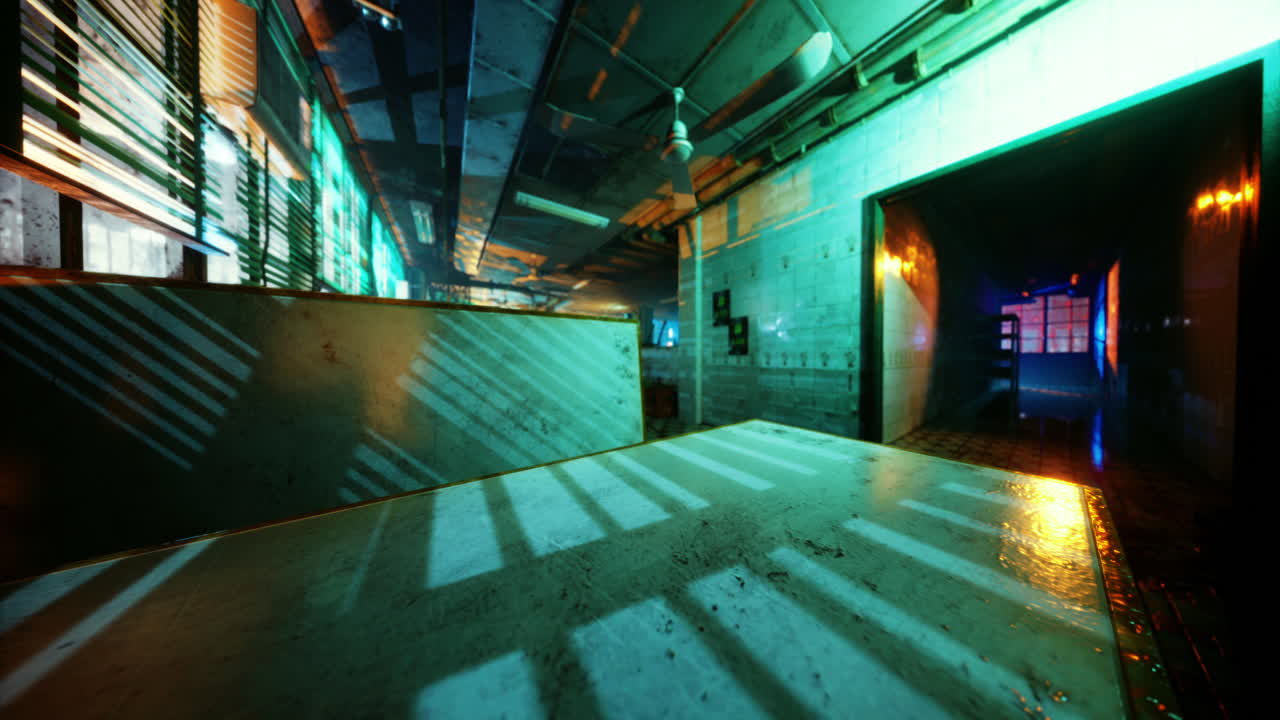 Vibrant lights and shadows create intrigue in a dimly lit room