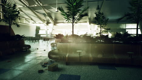 abandoned airport terminal overgrown with plants in soft afternoon light