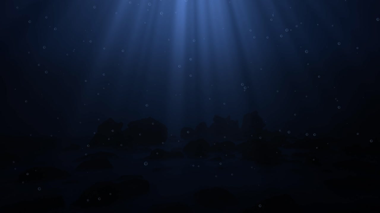 Dark blue ocean bottom with bubbles and light rays deep underwater