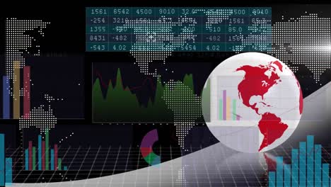 animation of multicolored graphs, number chart and globe with map over black background