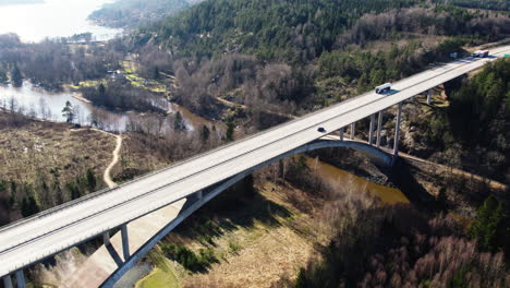 munkedal bridge over gullmarsfjorden, sweden, aerial establishing shot