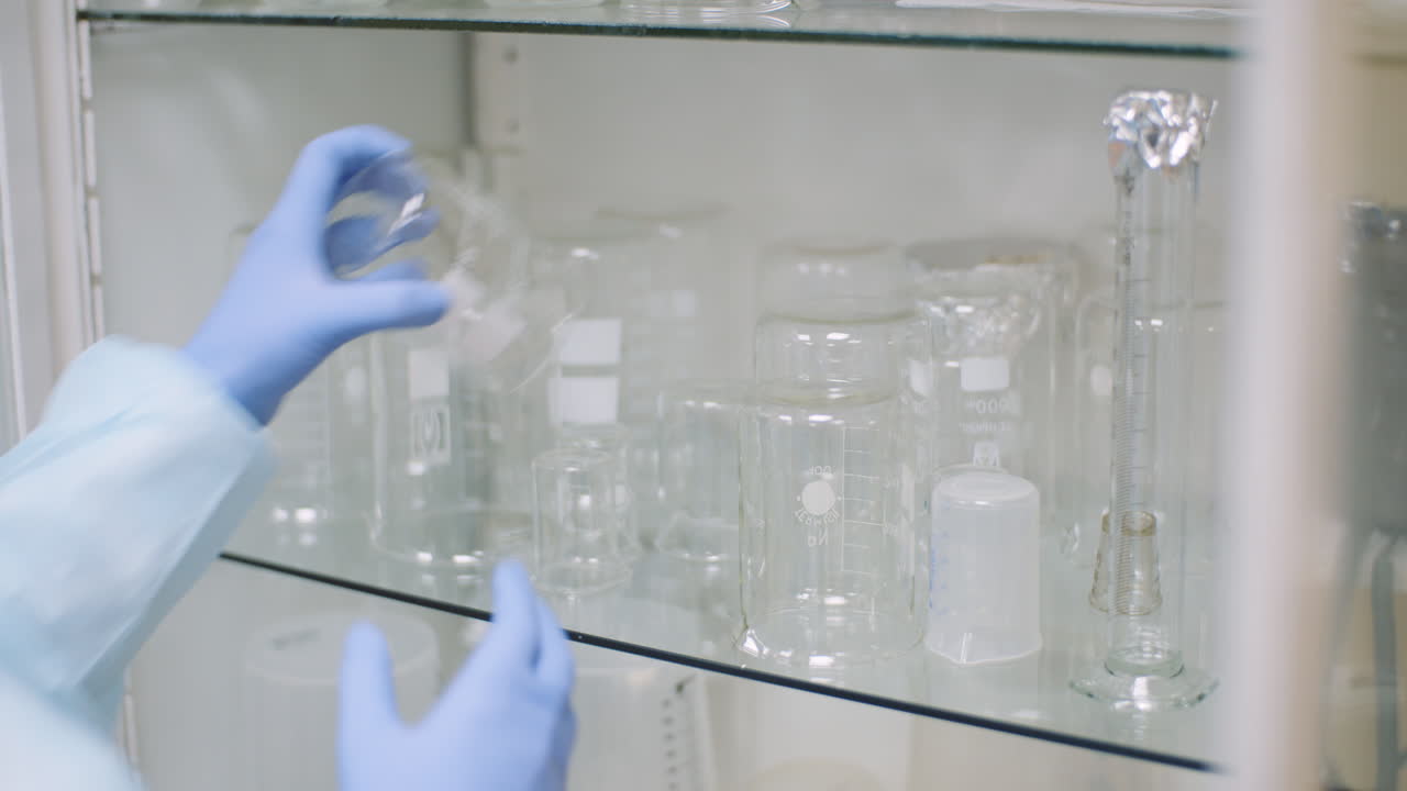Scienziato che cerca una beuta in laboratorio 2