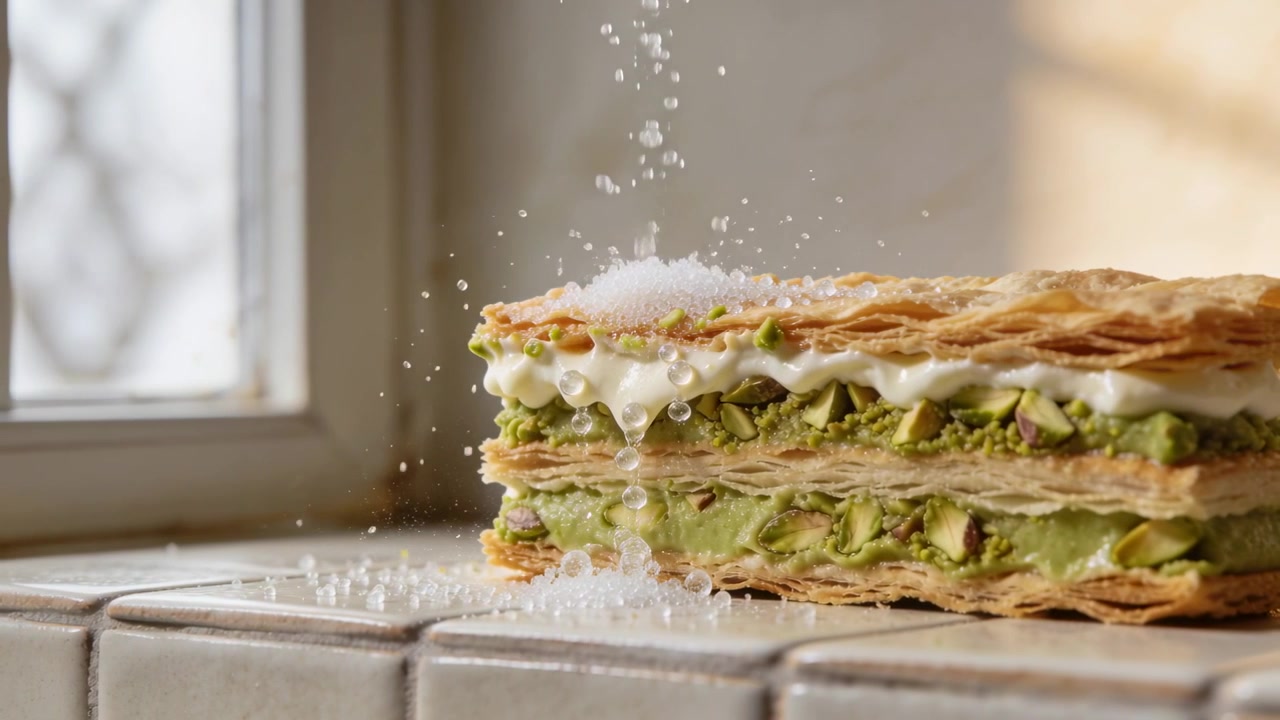 Falling sugar crystals above dusting pistachio pastry on windowsill, forming cream drip to garnish
