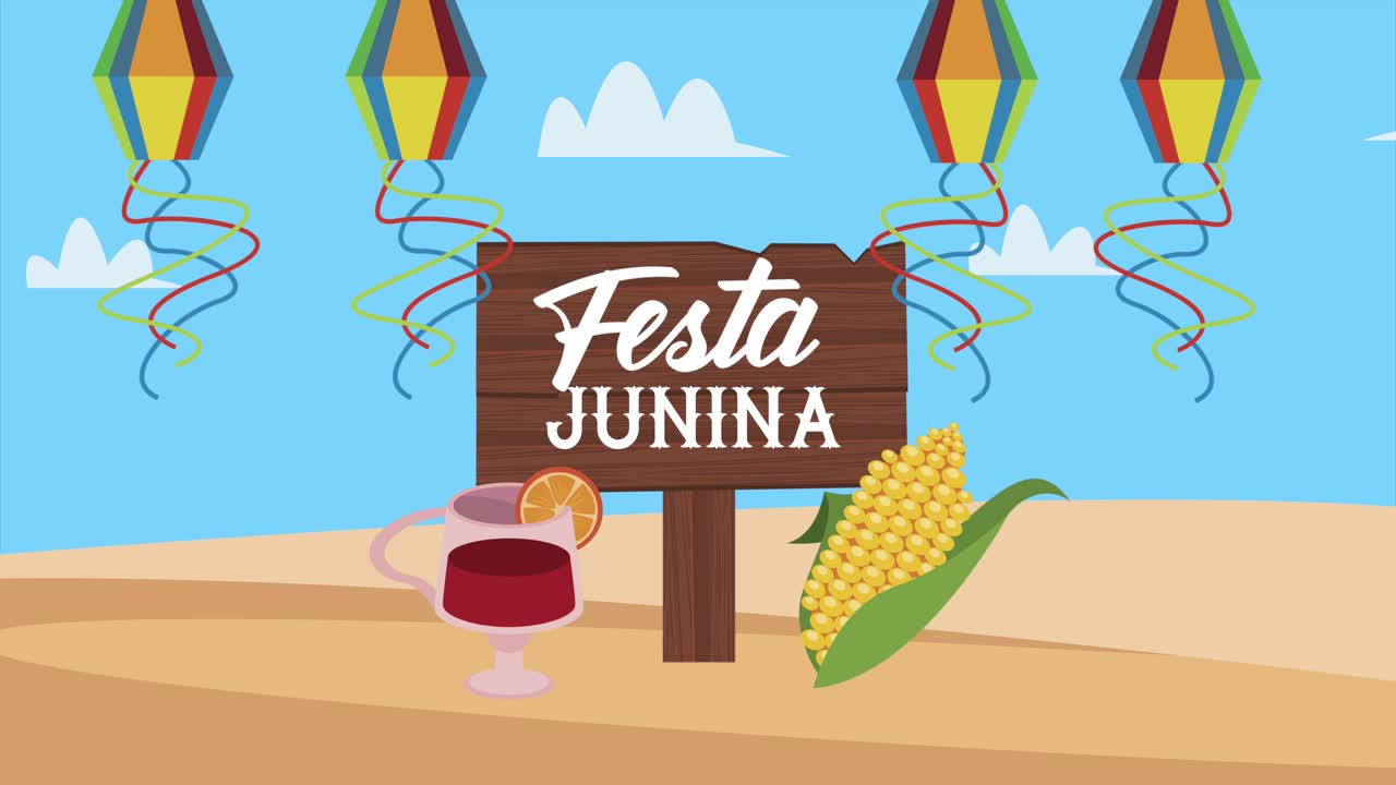 animación de letras de festa junina con cometas y mazorcas de maíz