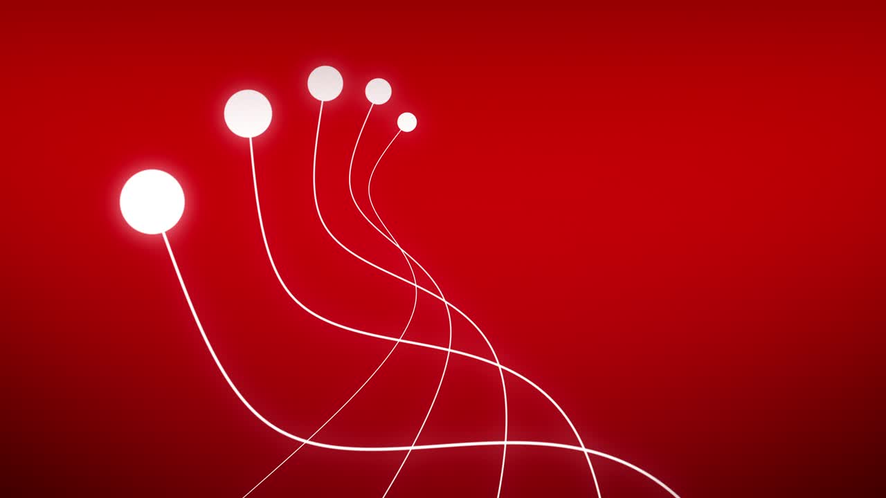 Eine Reihe leuchtend weißer Kugeln gleitet auf fließenden Kurven über einem tiefroten Hintergrund und webt dynamische Pfade, die zeigen, wie Energie zusammenläuft und auseinanderdriftet, um ein komplexes, hypnotisches Muster zu bilden.