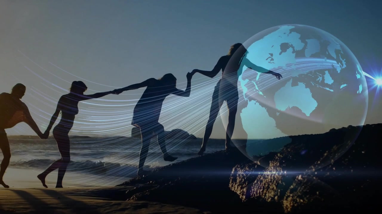 Sunset figure initiating group forming chain to climb while technology globe animating network arcs