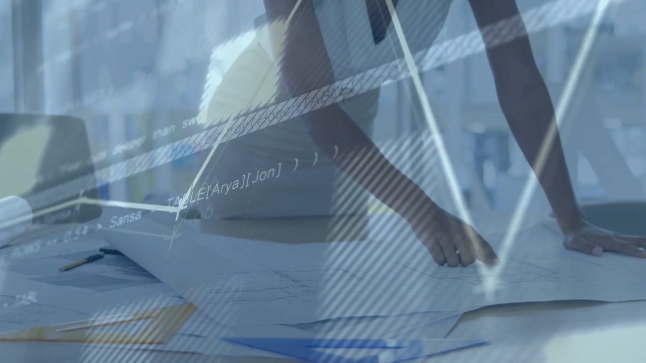 Woman in light dress, necklace smoothing and aligning plans on office table with blue file, charts