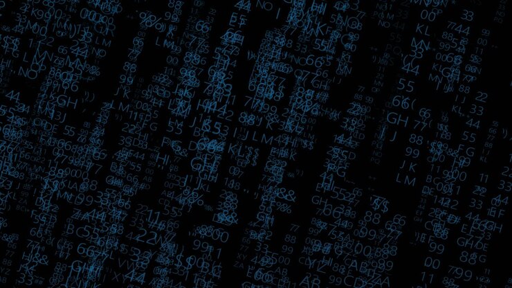 Matrix-style code flowing, featuring numbers and letters in dynamic motion