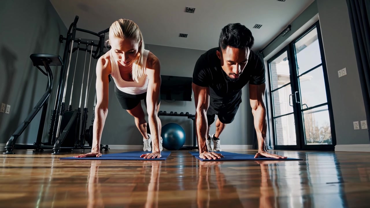 Mann und Frau machen Plank-Übung in modernem Heim-Fitnessstudio