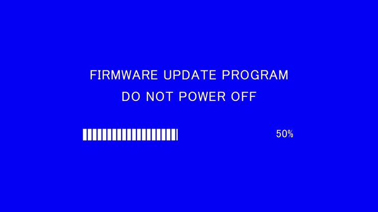 Retro TV screen showing firmware update program do not power off message with loading bar on blue background, seamless loop