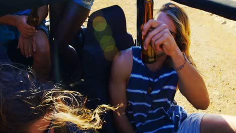 group of friends toasting beer bottles in the car 4k