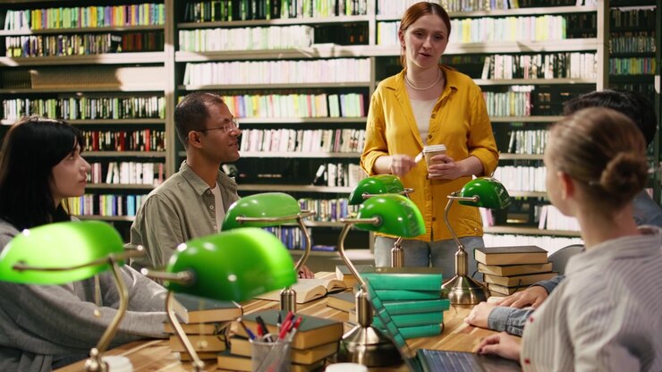 Mentor at group study speaking with peers seated at library table