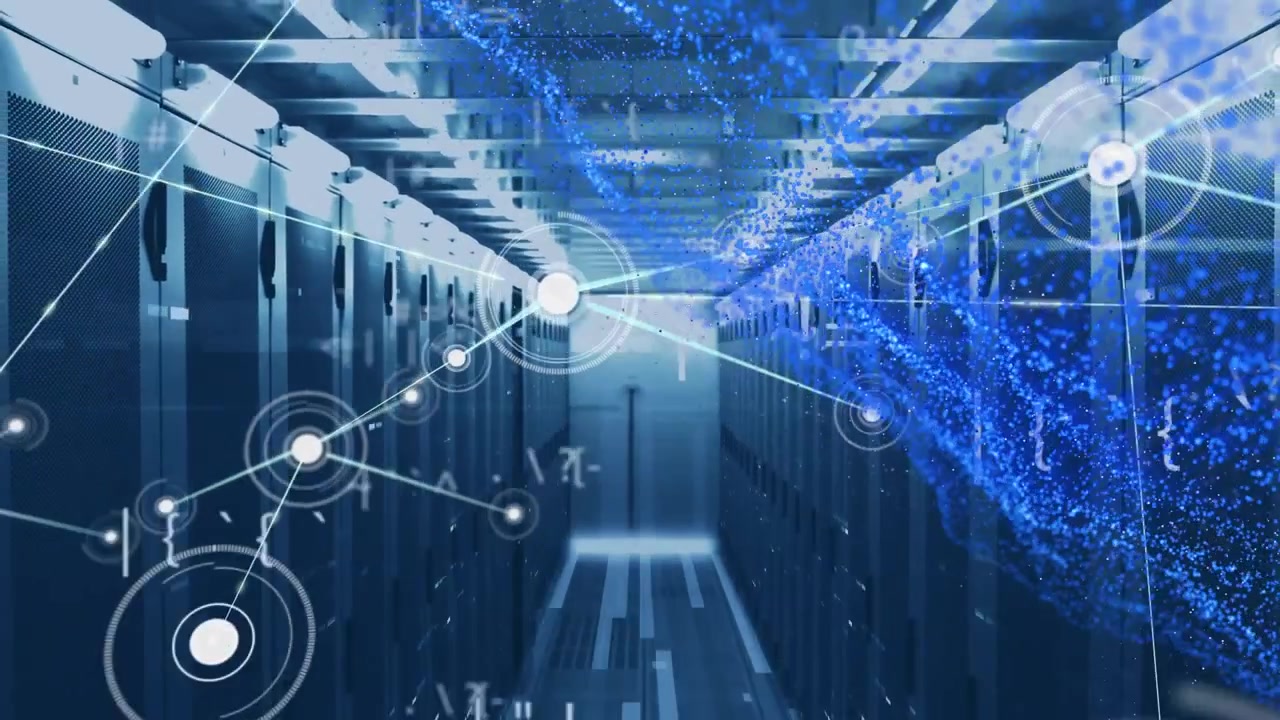 Animation of network of connections with numbers over computer servers