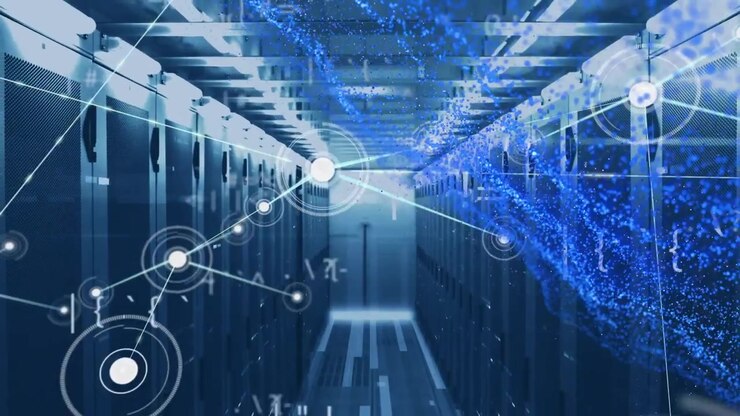Animation of network of connections with numbers over computer servers