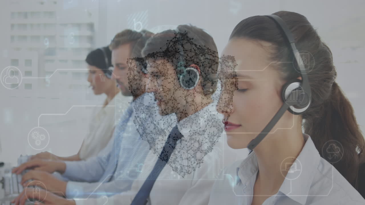 animación de puntos que forman un escudo, carta, textos, especialista en atención al cliente caucásica.