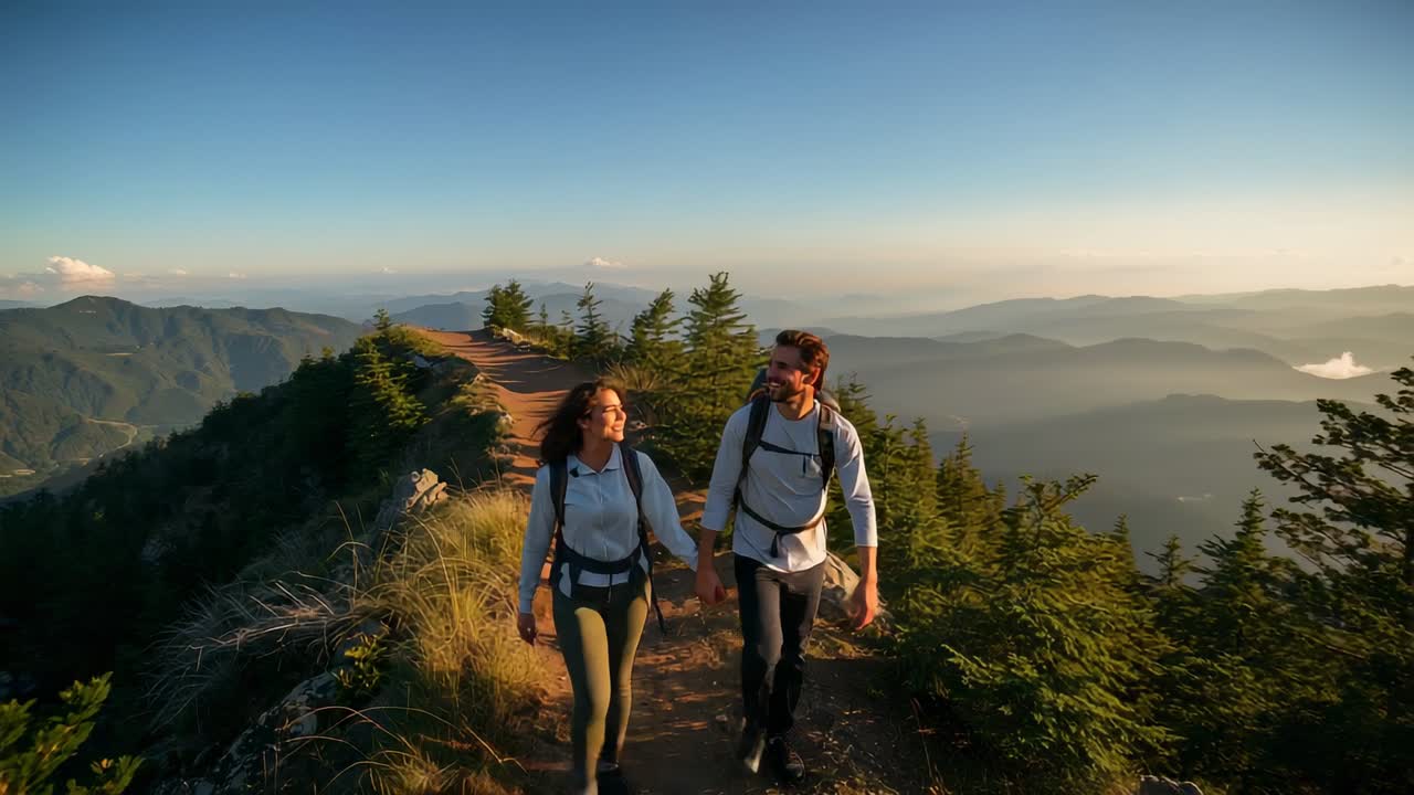 Coppia che cammina seguendo il sentiero di crinale verso la fotocamera, con zaini in spalla e scarpe da trekking, alla ricerca di un panorama