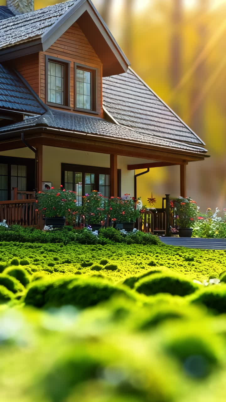 A small house with a green lawn and a white roof. The house is surrounded by a field of green plants Vertical video
