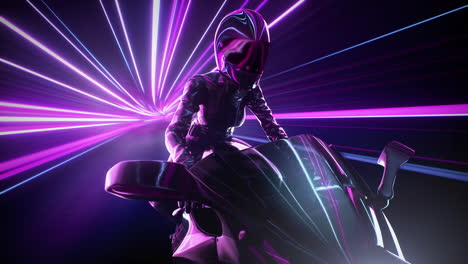 una escena emocionante con un jinete futurista con luces de neón vibrantes que traen acción a
