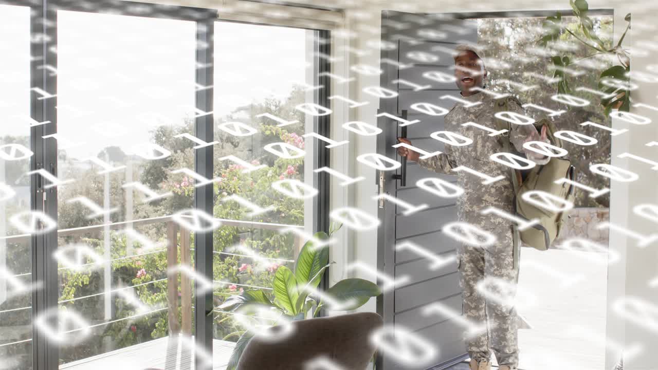 Soldier returning home reaching handle entering foyer with bag technology overlay shifting with him