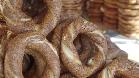 close-up of a stack of turkish simit