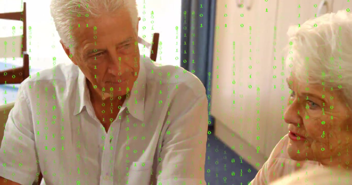 Senior man and companion turning toward audio cue, leaning in with animated bubbles on health chat