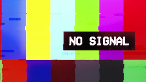 intentional glitch distortion fx: a test pattern from a tv transmission, with colorful rotating bars, a black box and the warning text no signal