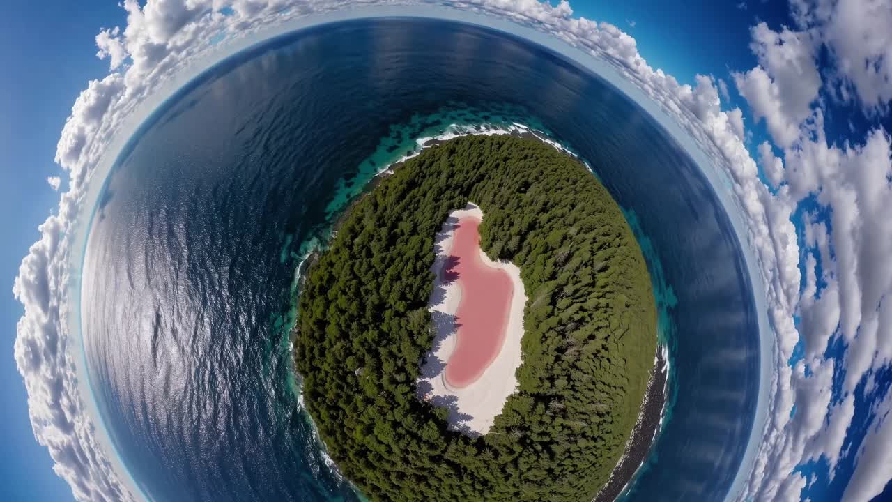 Aerial view of a vibrant pink sand beach surrounded by lush green forest and sparkling blue ocean, showcasing the stunning natural beauty and serene atmosphere of the coastal landscape