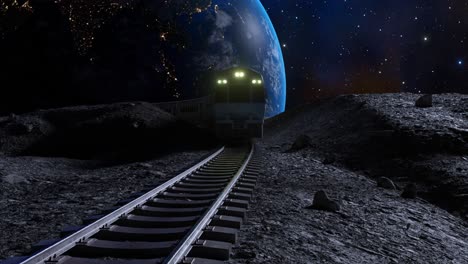 tren en la luna con la tierra en el fondo