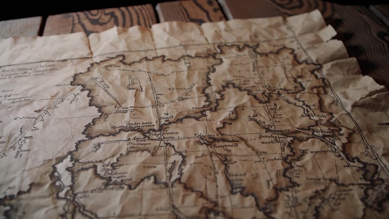 A vintage map on a wooden table, captured from a low-angle, showcasing its aged texture
