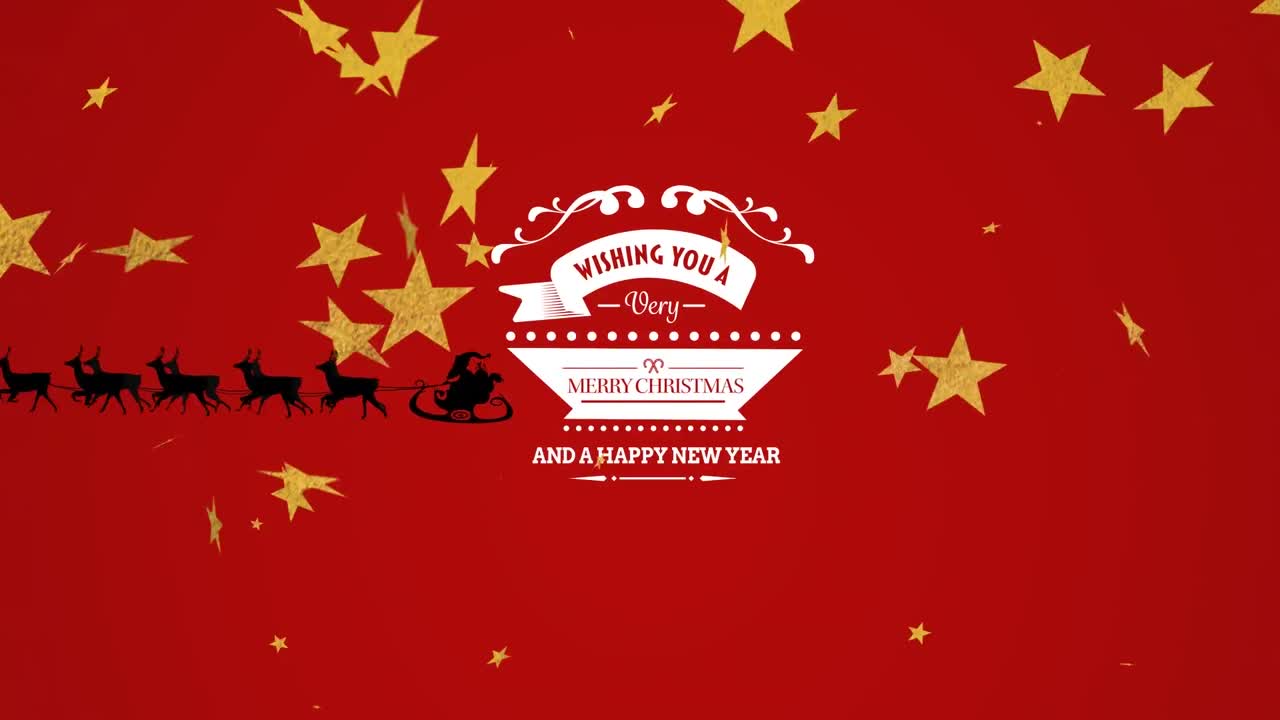 크리스마스를 축하하는 애니메이션, 별과 산타 매, 눈이 있는 빨간색 배경