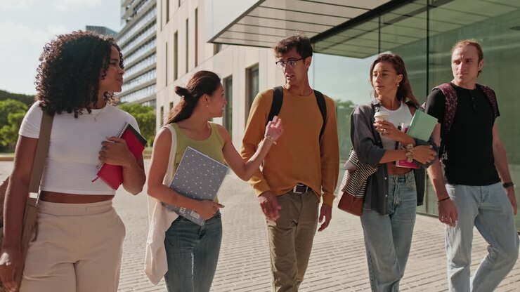 Young people, teenagers, male and female students spending time together