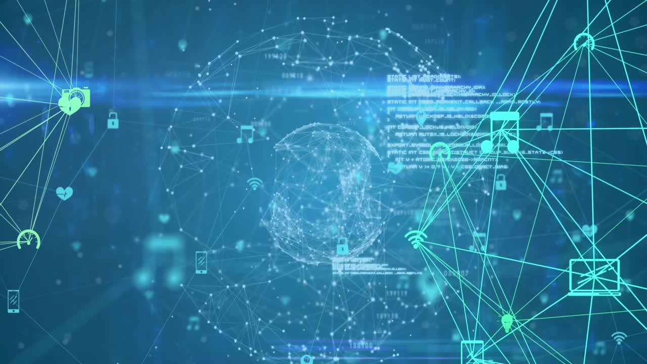 추상적인 배경에 대해 지구를 형성하는 연결된 아이콘과 점의 애니메이션