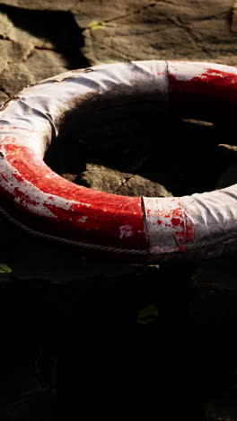 closeup of a red and white life preserver