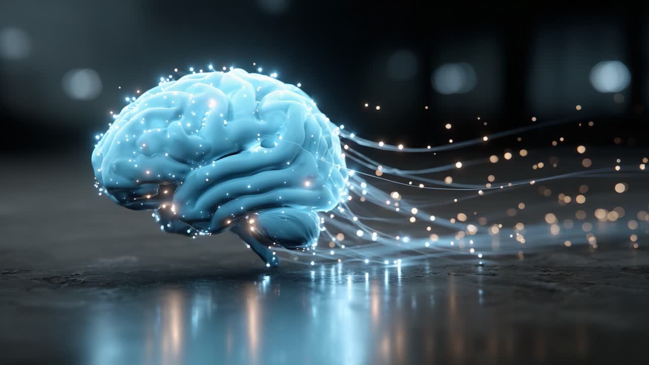Rappresentazione visiva creativa di un cervello umano circondato da particelle e streamer luminosi, che cattura l'essenza dell'intelligenza e dell'innovazione in un ambiente surreale