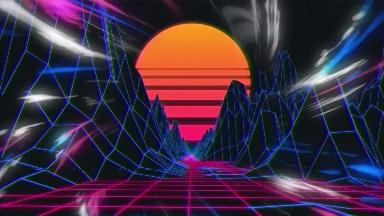 animación de paisaje azul y cuadrícula rosa, sobre el sol poniente y luces en movimiento en negro