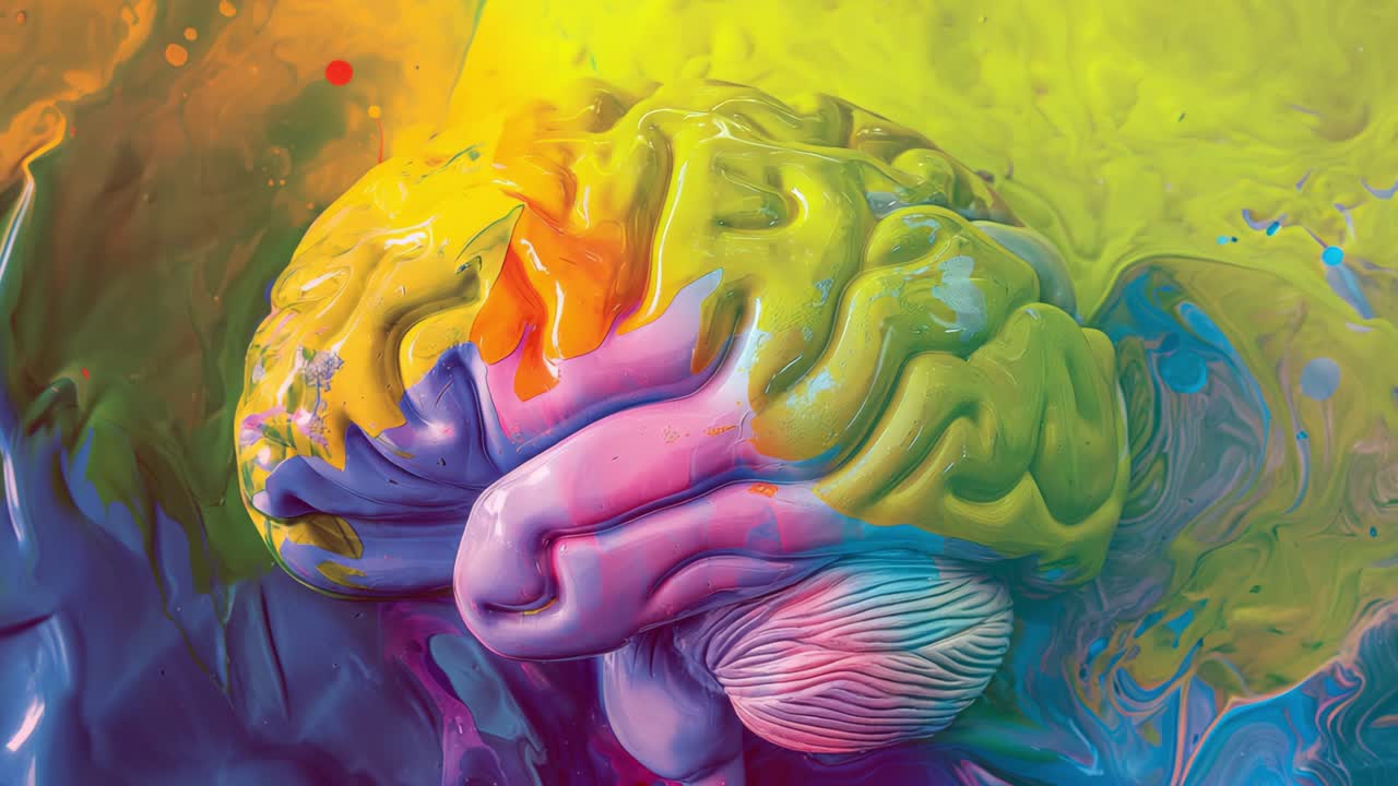 Plastic brain model showcasing vibrant colors, symbolizing creativity, mental health, and cognitive function, resting on a multicolored, abstract background