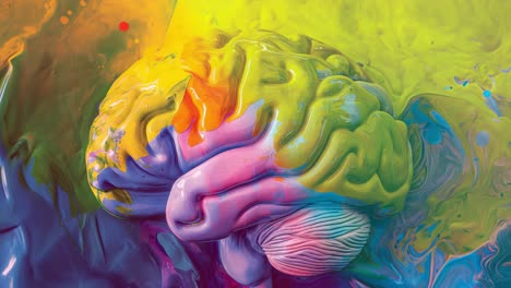plastic brain model showcasing vibrant colors, symbolizing creativity, mental health, and cognitive function, resting on a multicolored, abstract background