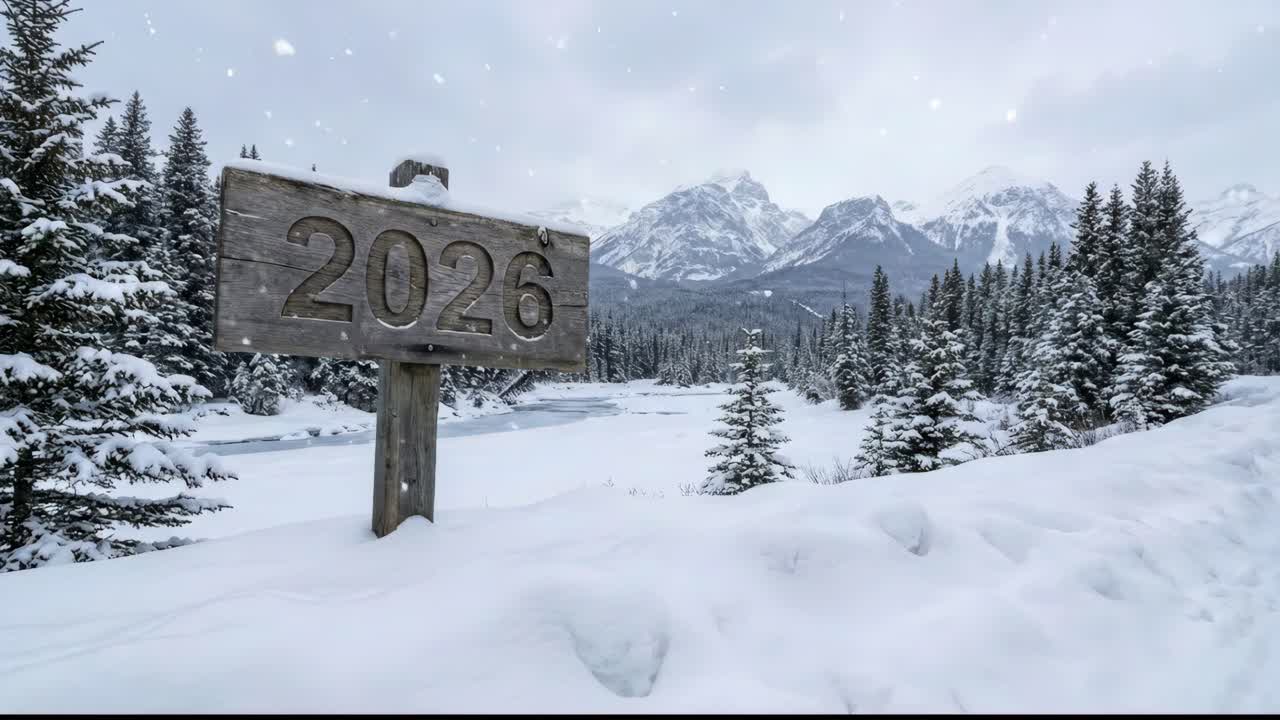 Paesaggio invernale con un cartello che indica l'anno 2026